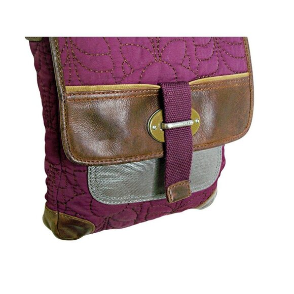 Womens Fossil Quilted Fabric Embroidered Floral Leather Crossbody Bag Purple - Picture 3 of 12
